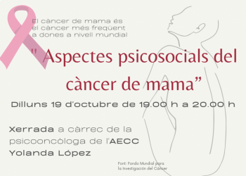 Ja us podeu apuntar a la xerrada telemàtica 'Aspectes psicosocials del càncer de mama', que es realitzarà el dilluns 19 d’octubre