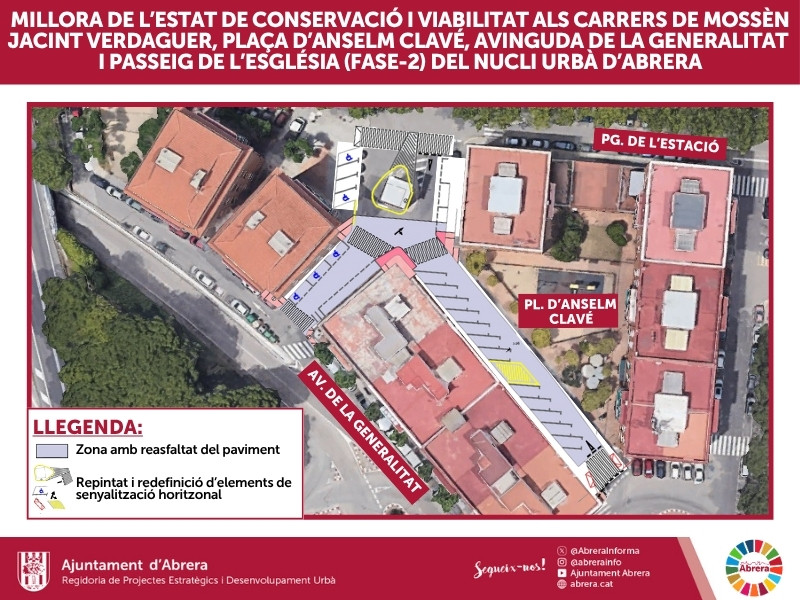 Treballs de reparació de voreres, reasfaltat i nova senyalització viària al nucli urbà d'Abrera - plaça d'Anselm Clavé