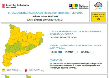 Avís per intensitat de pluja pel dijous 28 de juliol de 2022