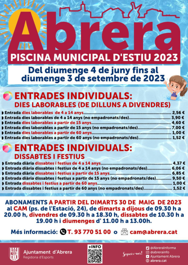 Piscina Municipal d'Estiu 2023. Abonaments i entrades individuals