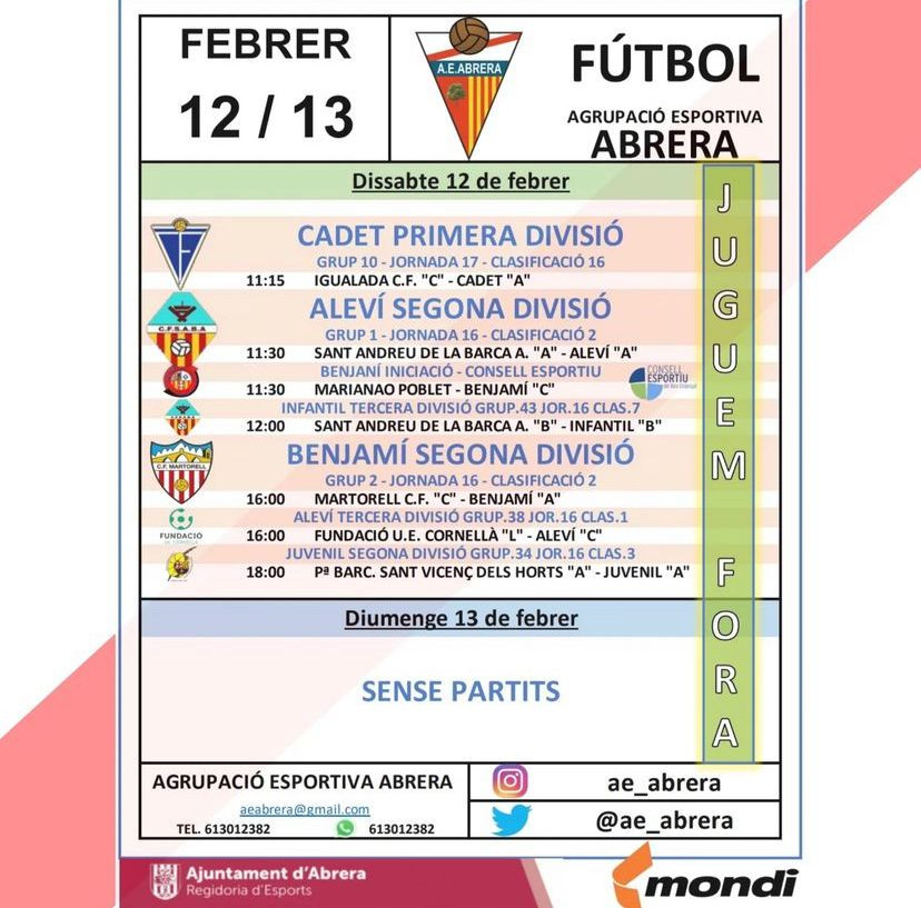 Agrupació Esportiva Abrera -Calendari partits dissabte 12 i diumenge 13 de febrer de 2022 - A fora