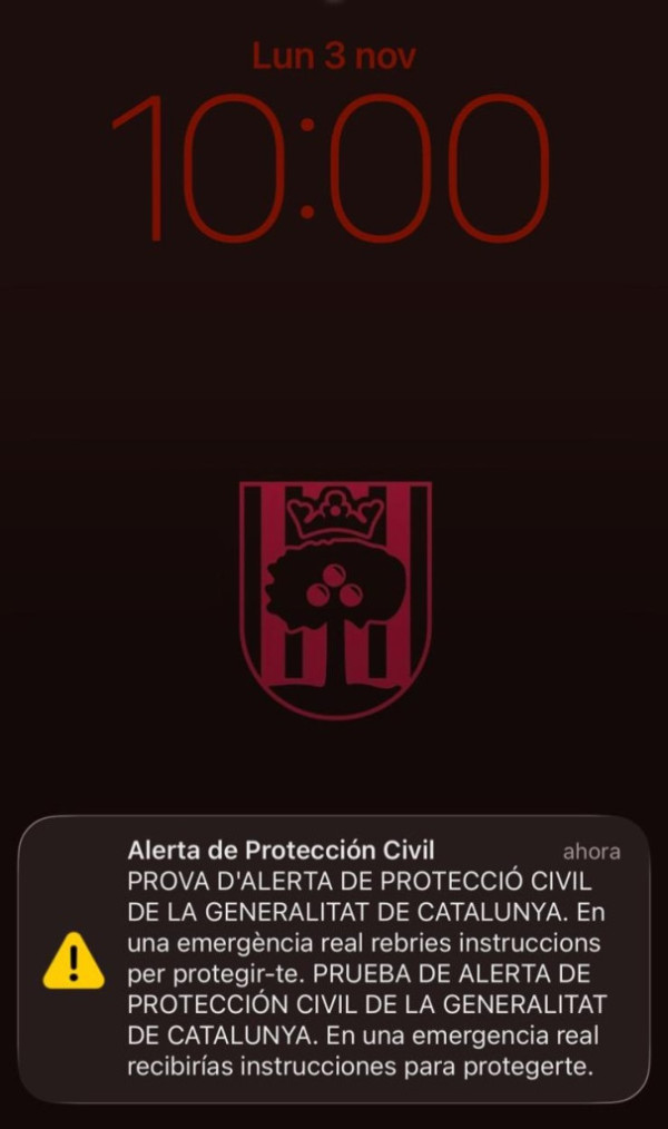Protecció Civil ha fet una prova del sistema d'alertes als telèfons mòbils de les comarques de la Demarcació de Barcelona, com el Baix Llobregat, avui dilluns 3 de novembre a les 10 h