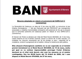 DILLUNS 30 DE MARÇ. Ban d'Alcaldia amb les mesures adoptades des de l'Ajuntament en relació a la prevenció del coronavirus