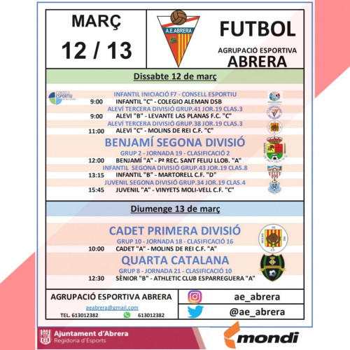 Calendari partits Agrupació Esportiva Abrera cap de setmana 12 i 13 de març - A casa.jpg