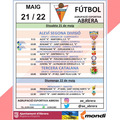 Calendari partits Agrupació Esportiva Abrera cap de setmana 21 i 22 de maig - A casa.jpg