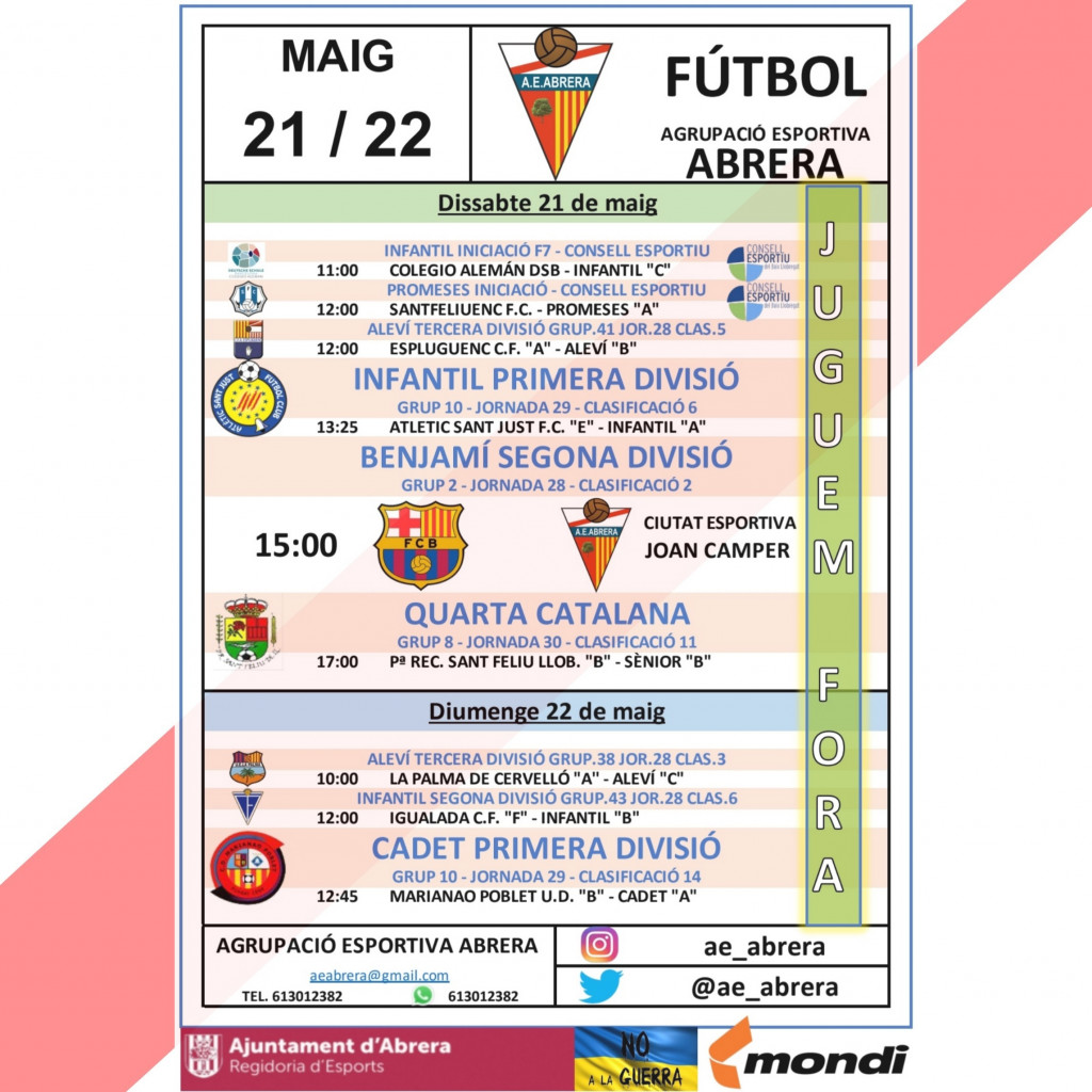 Calendari partits Agrupació Esportiva Abrera cap de setmana 21 i 22 de maig - A fora