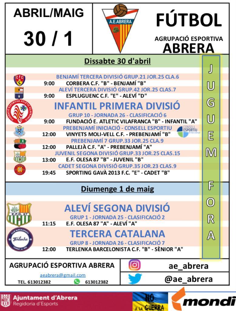 Calendari partits Agrupació Esportiva Abrera cap de setmana 30 abril i 1 de maig - A fora