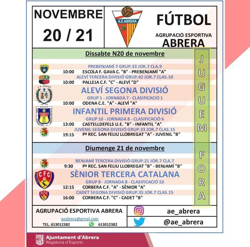Calendari partits Agrupació Esportiva Abrera cap de setmana del dissabte 20 i diumenge 21 de novembre - A Fora
