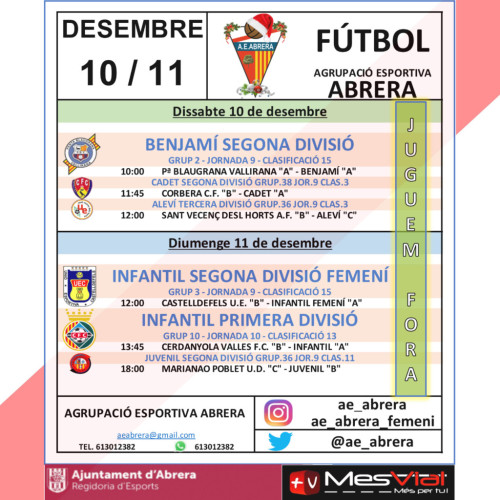Calendari partits Agrupació Esportiva Abrera - Cap de setmana dissabte 10 i diumenge 11 desembre 2022 - A Fora.jpg
