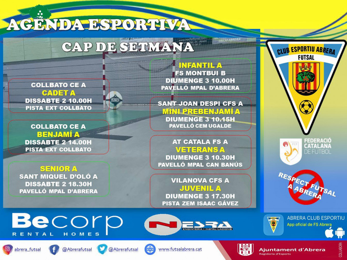 Calendari partits Club Esportiu Futsal Abrera cap de setmana 2 i 3 d'abril