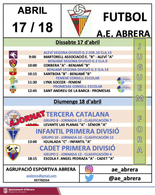 Calendari partits de l'Agrupació  Esportiva Abrera fora de casa del cap de setmana del dissabte 17 i diumenge 18 d'abril de 2021.jpg