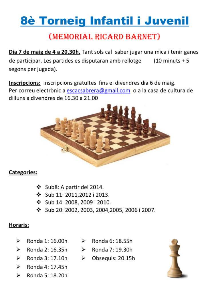 Cartell 8è Torneig Infantil i Juvenil de l'Associació Escacs d'Abrera - 7 de maig 2022