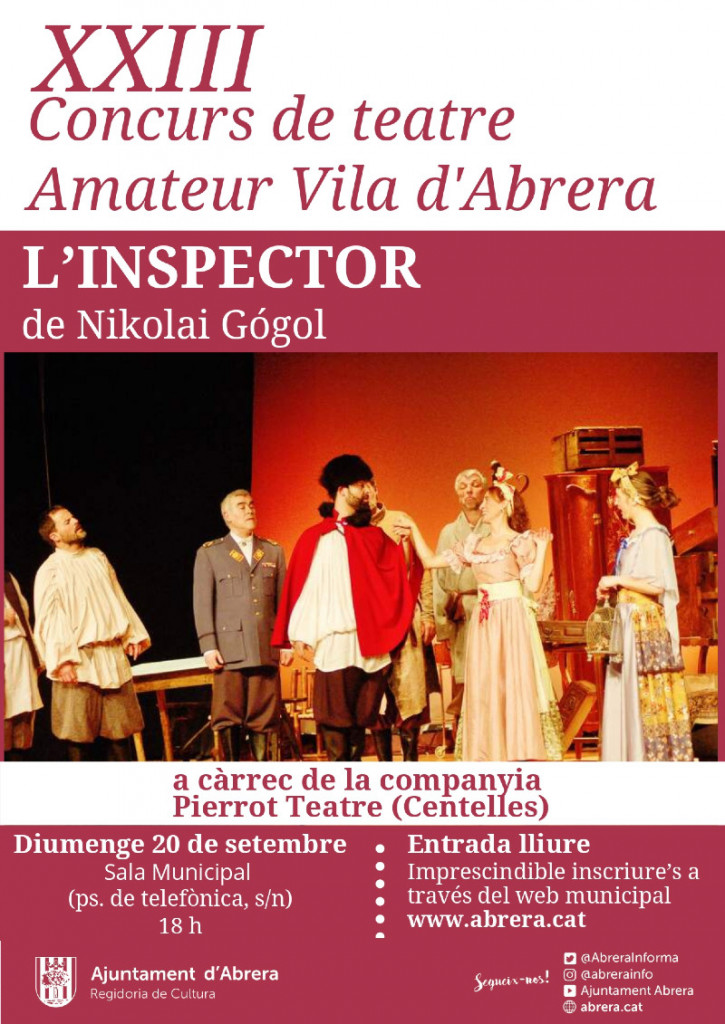 Cartell del Concurs de Teatre Amateur Vila d'Abrera. "L’inspector", 20 de setembre de 2020