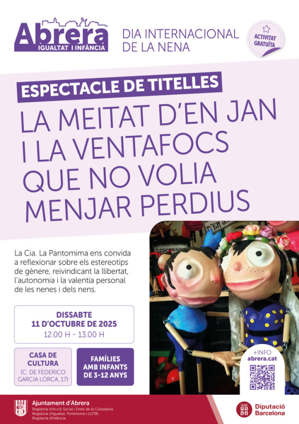 El proper dissabte 11 d'octubre, commemorarem el Dia Internacional de la Nena amb un espectacle familiar de titelles a la Casa de Cultura i una exposició al vestíbul de la Biblioteca