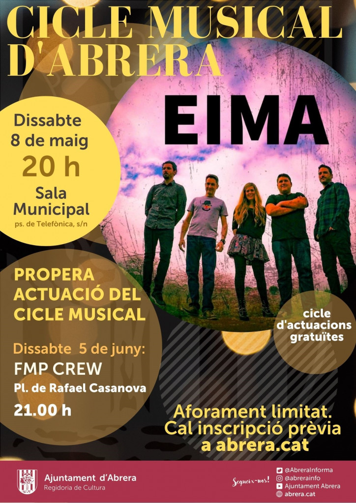 Cicle Musical d'Abrera, amb l'actuació del grup EIMA, el dissabte 8 de maig de 2021