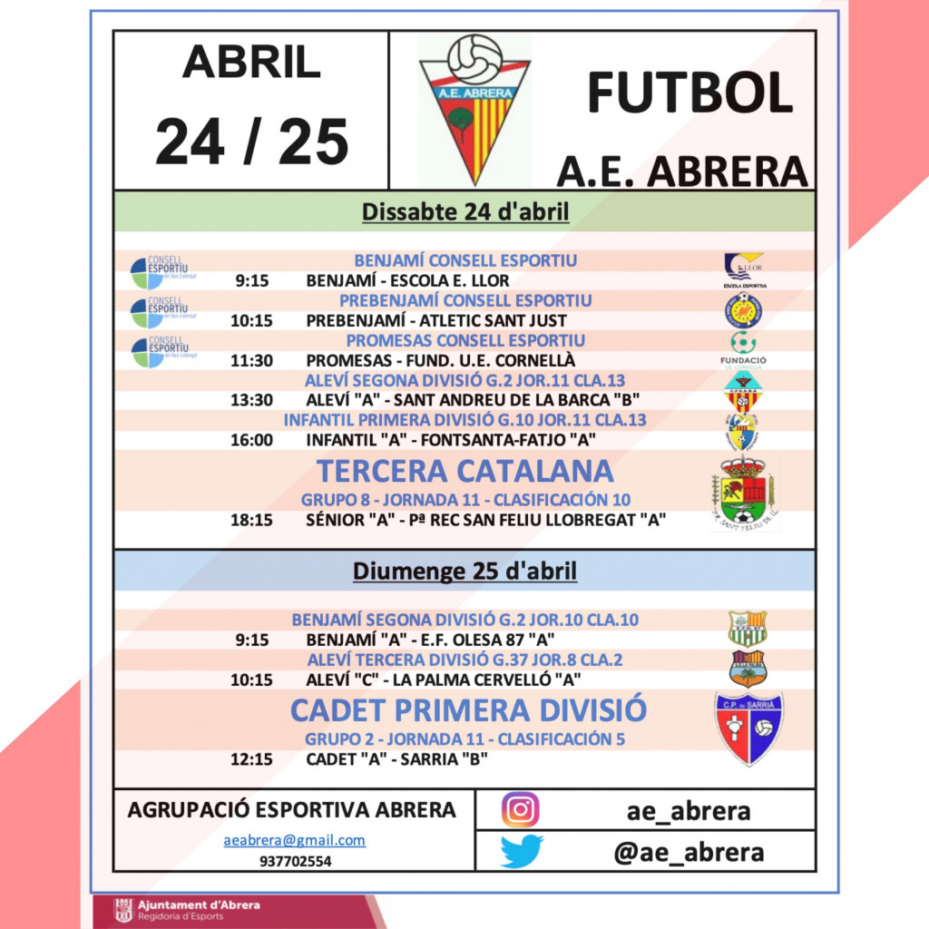 Calendari partits de l'Agrupació Esportiva Abrera a casa del cap de setmana del dissabte 24 i diumenge 25 d'abril de 2021