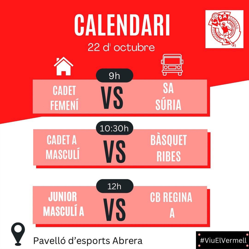 Club Bàsquet Abrera - Calendari partits dissabte 22 d'octubre - A casa