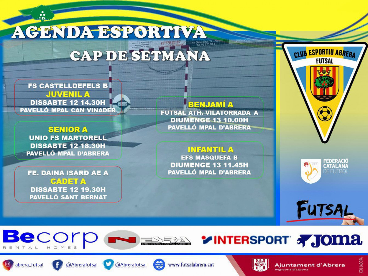 Club Esportiu Futsal Abrera -Calendari partits dissabte 12 i diumenge 13 de febrer de 2022