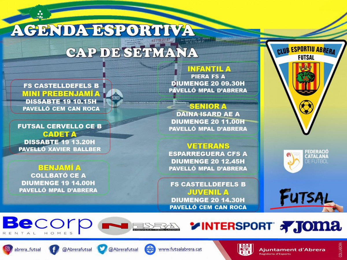 Club Esportiu Futsal Abrera -Calendari partits dissabte 19 i diumenge 20 de febrer de 2022
