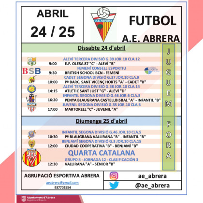Calendari partits de l'Agrupació Esportiva Abrera fora de casa del cap de setmana del dissabte 24 i diumenge 25 d'abril de 2021