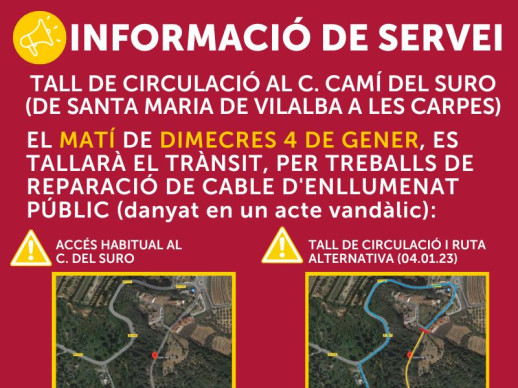 Tall del carrer del Camí del Suro: alternatives de pas i zones afectades