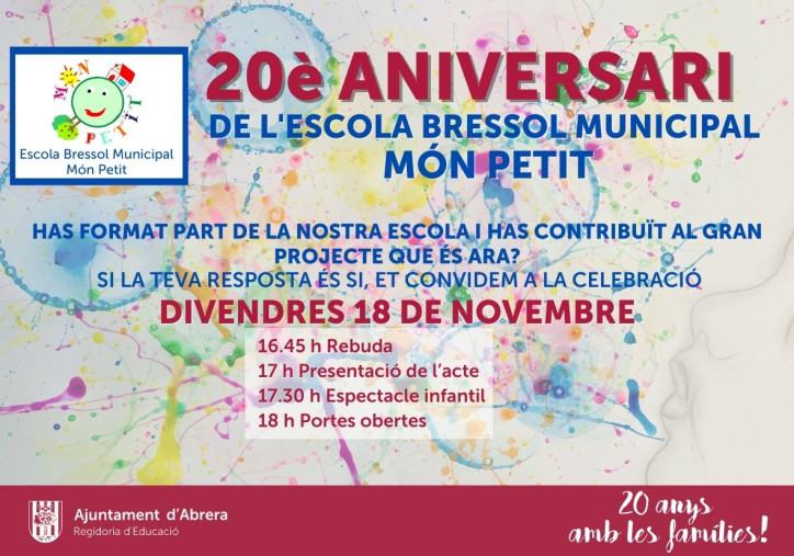 El divendres 18 de novembre, celebreu amb nosaltres el 20è aniversari de l'Escola Bressol Municipal Món Petit