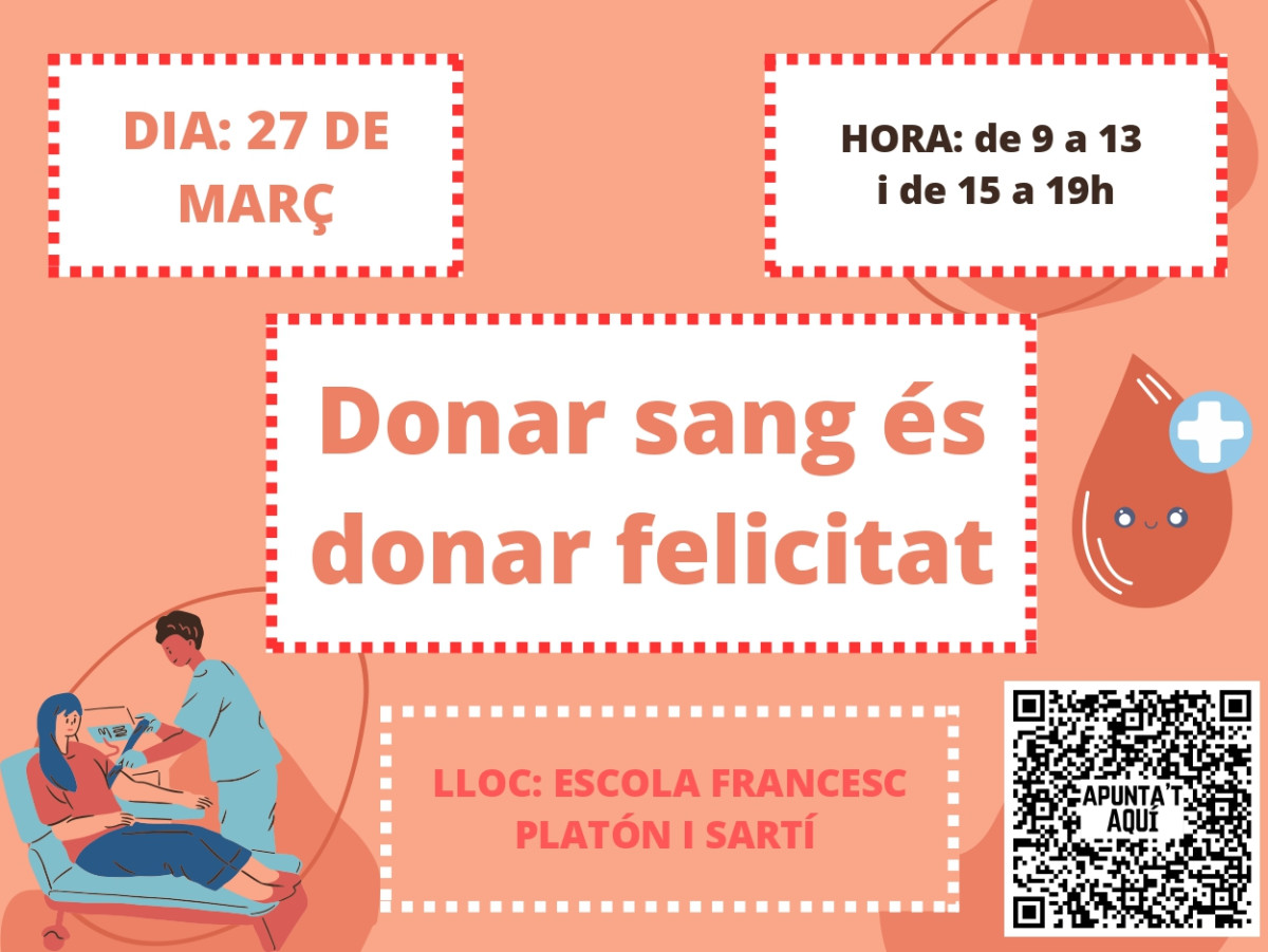 Cartell alumnat de 4rt de la campanya de donació de sang a l'Escola Francesc Platón i Sartí d'Abrera del dilluns 27 de març de 2023
