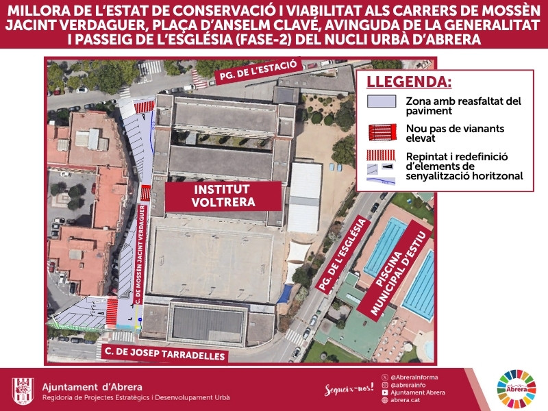 Treballs de reparació de voreres, reasfaltat i nova senyalització viària al nucli urbà d'Abrera - zona de l'Institut Voltrera