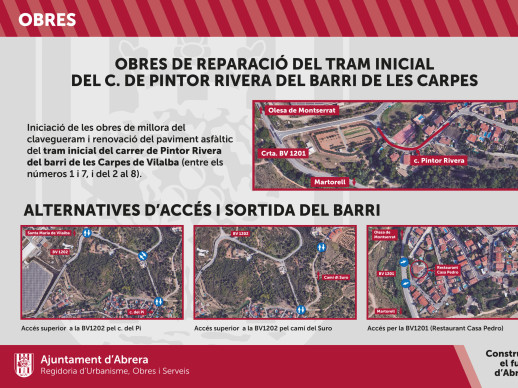 Cartell obres de reparació del tram inicial del carrer de Pintor Rivera al barri de Les Carpes d'Abrera