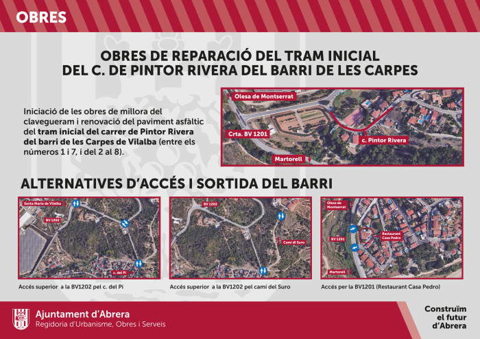 Treballem per Abrera! Dilluns 21 de novembre iniciarem les obres de reparació del tram inicial del carrer Pintor Rivera al barri de Les Carpes de Vilalba d'Abrera