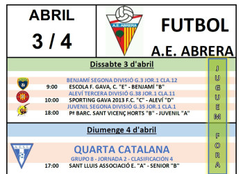 Partits que l'AE Abrera juga fora dissabte 3 i diumenge 4 d'abril de 2021