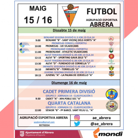 Partits AE Abrera cap de setmana 15 i 16 de maig de 2021 - A casa