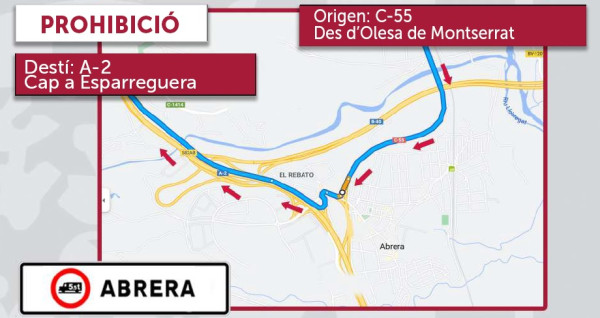 Prohibició de la circulació de vehicles pesants de més de 5,5 tones provinents de la C-55 des d'Olesa de Montserrat cap a l'A-2 sentit Esparreguera.jpg