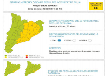 Previsió de pluges intenses pel dilluns 20 de setembre de 2021