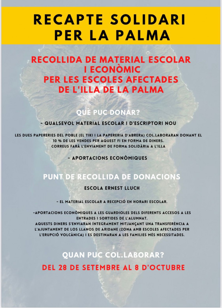Abrera és solidària! La comunitat educativa i les entitats abrerenques engeguen diverses iniciatives per donar suport a les persones afectades per l'erupció del volcà de La Palma