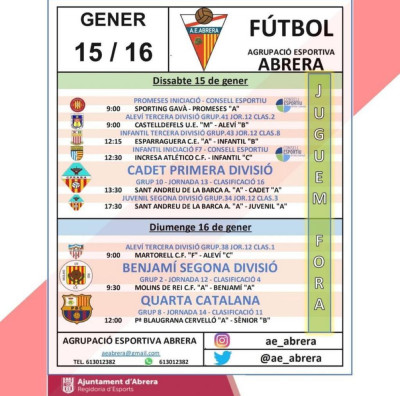 Partits Agrupació Esportiva Abrera del cap de setmana del dissate 15 i diumenge 16 de gener de 2022 - A fora