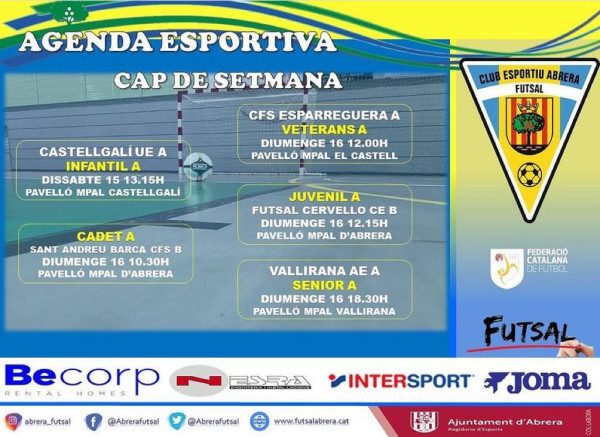 Partits Club Esportiu Futsal Abrera del cap de setmana del dissate 15 i diumenge 16 de gener de 2022