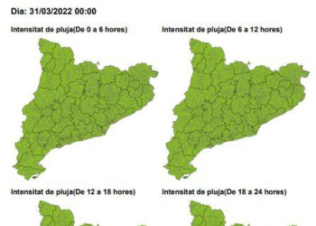 Previsió de pluges intenses pel dijous 31 de març de 2022. Font: Protecció Civil