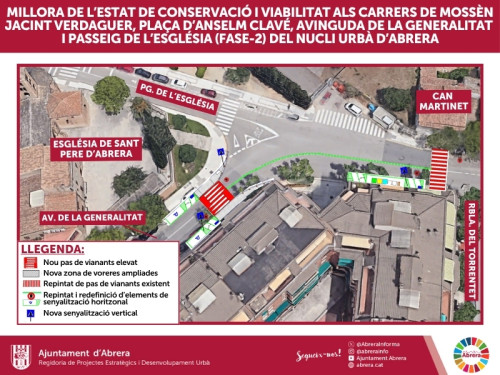 Treballs de reparació de voreres, reasfaltat i nova senyalització viària al nucli urbà d'Abrera - Zona del passeig de l'Església
