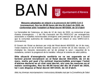 14 d'abril de 2020. Nou Ban d'Alcaldia amb noves mesures per la prevenció i contenció del coronavirus al nostre municipi
