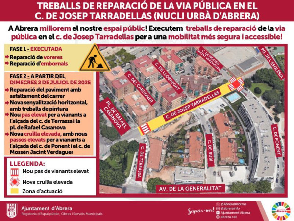 A Abrera millorem el nostre espai públic! Iniciem la segona fase dels treballs de reparació i millora de la via pública en el carrer de Josep Tarradellas del nucli urbà