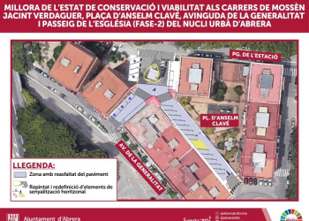 Treballs de reparació de voreres, reasfaltat i nova senyalització viària al nucli urbà d'Abrera - plaça d'Anselm Clavé
