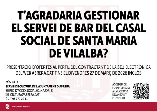 Ampliem el termini de presentació de propostes per la licitació del servei de bar del Casal Social de Santa Maria de Vilalba, fins al divendres 27 de març inclòs