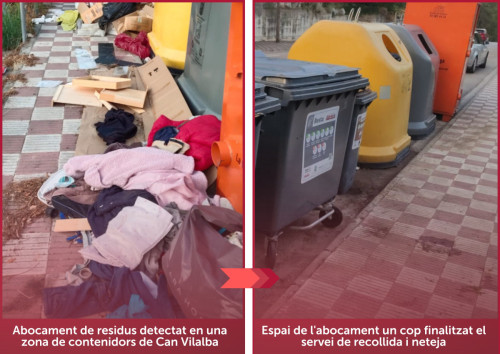Siguem cívics! Detectem un nou abocament de residus domèstics en una zona de contenidors al barri de Can Vilalba i actes vandàlics en contenidors de roba usada