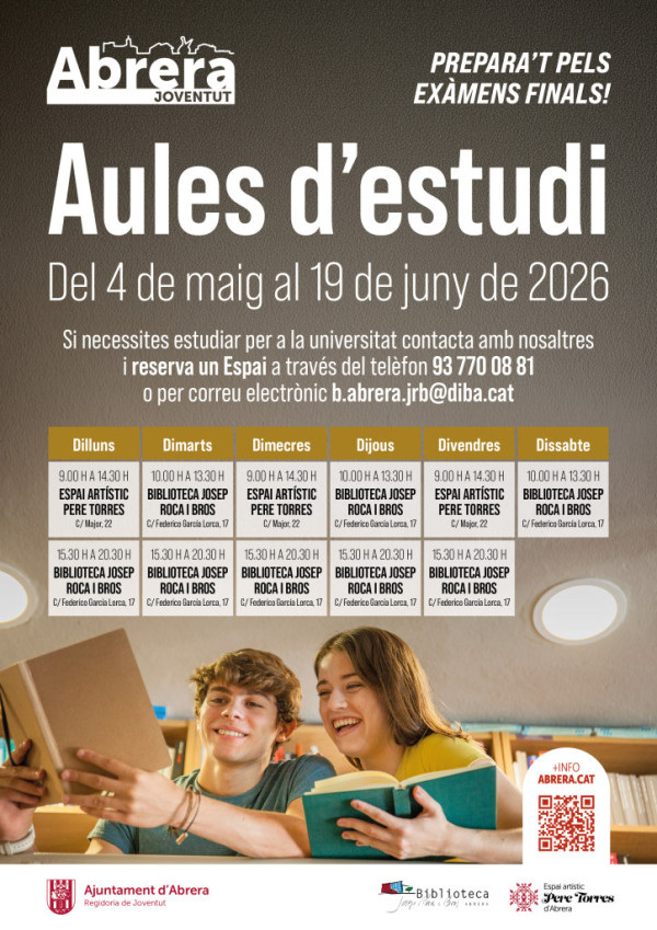 Necessites un espai tranquil per preparar exàmens? Ja tens disponibles les aules d’estudi del dilluns 4 de maig al divendres 19 de juny de 2026!