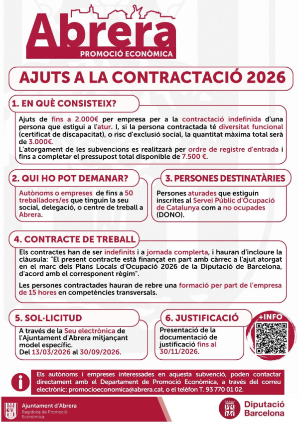Des de l'Ajuntament d'Abrera us informem dels Ajuts a la contractació de 2026 dirigits a empreses i autònoms del municipi