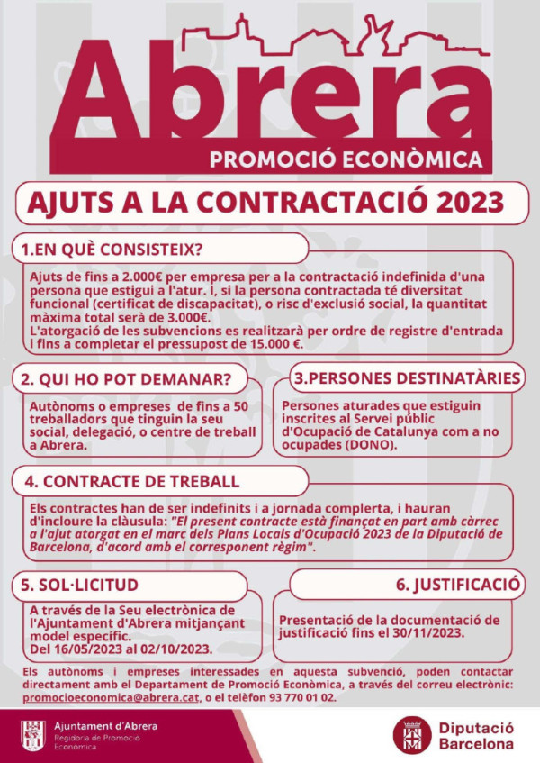 Des de l'Ajuntament d'Abrera us informem dels Ajuts a la contractació d'enguany per a empreses i autònoms d'Abrera