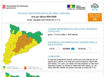 Avís del Servei Meteorològic de Catalunya de risc de neu diumenge 4 i dilluns 5 de gener de 2026