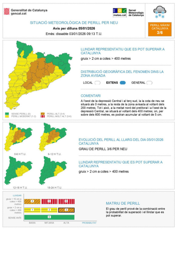 Avís del Servei Meteorològic de Catalunya de risc de neu diumenge 4 i dilluns 5 de gener de 2026