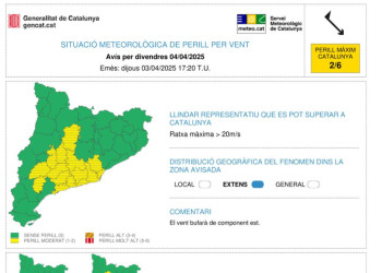 Avís per fort vent pel divendres 4 d'abril de 2025